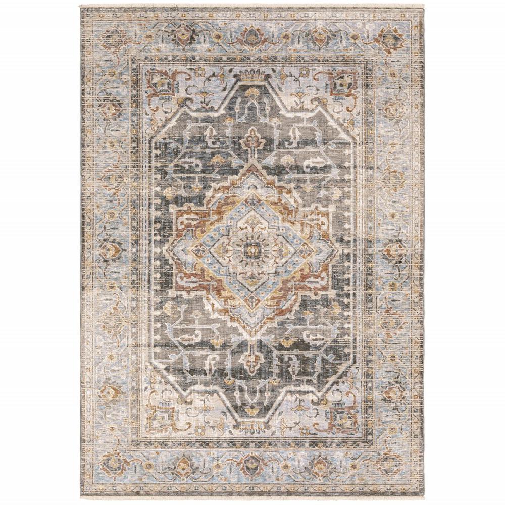5' x 8' Grey Blue Machine Woven Medallion Indoor Area Rug - 388427. Picture 1