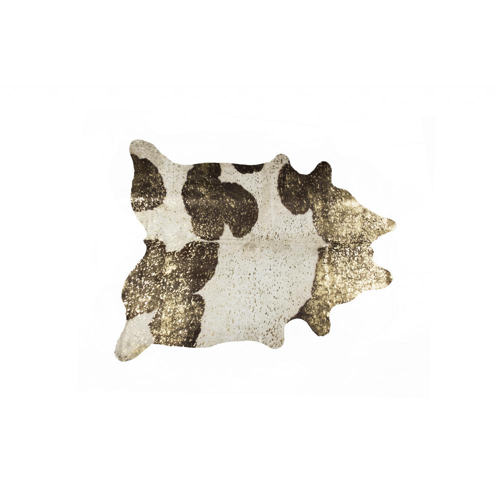6' X 7' Dark Brown White and Gold Natural Cowhide Area Rug CHOCOLATE, WHITE & GOLD. Picture 1