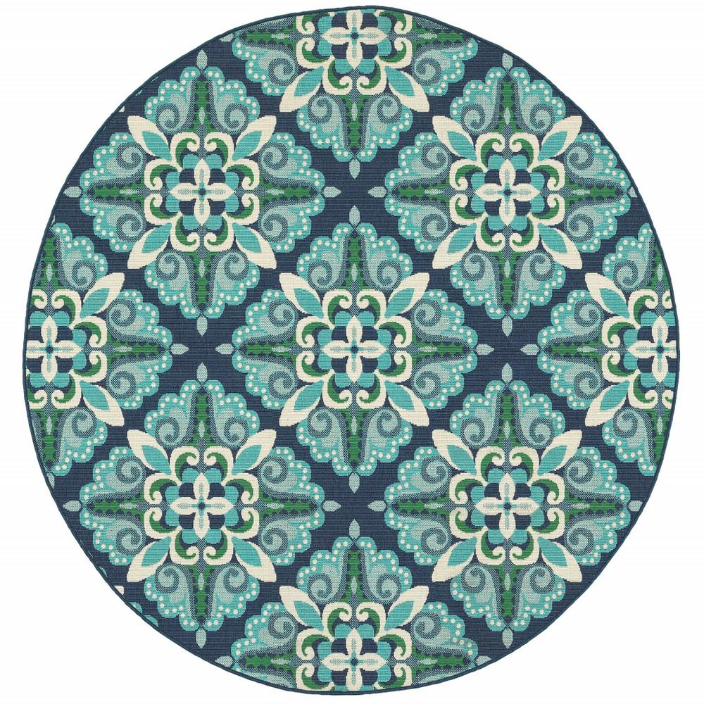 8’ Round Blue and Green Floral Indoor Outdoor Area Rug - 388671. Picture 1