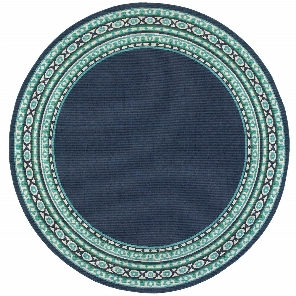 8’ Round Navy and Green Geometric Indoor Outdoor Area Rug - 388678. Picture 1