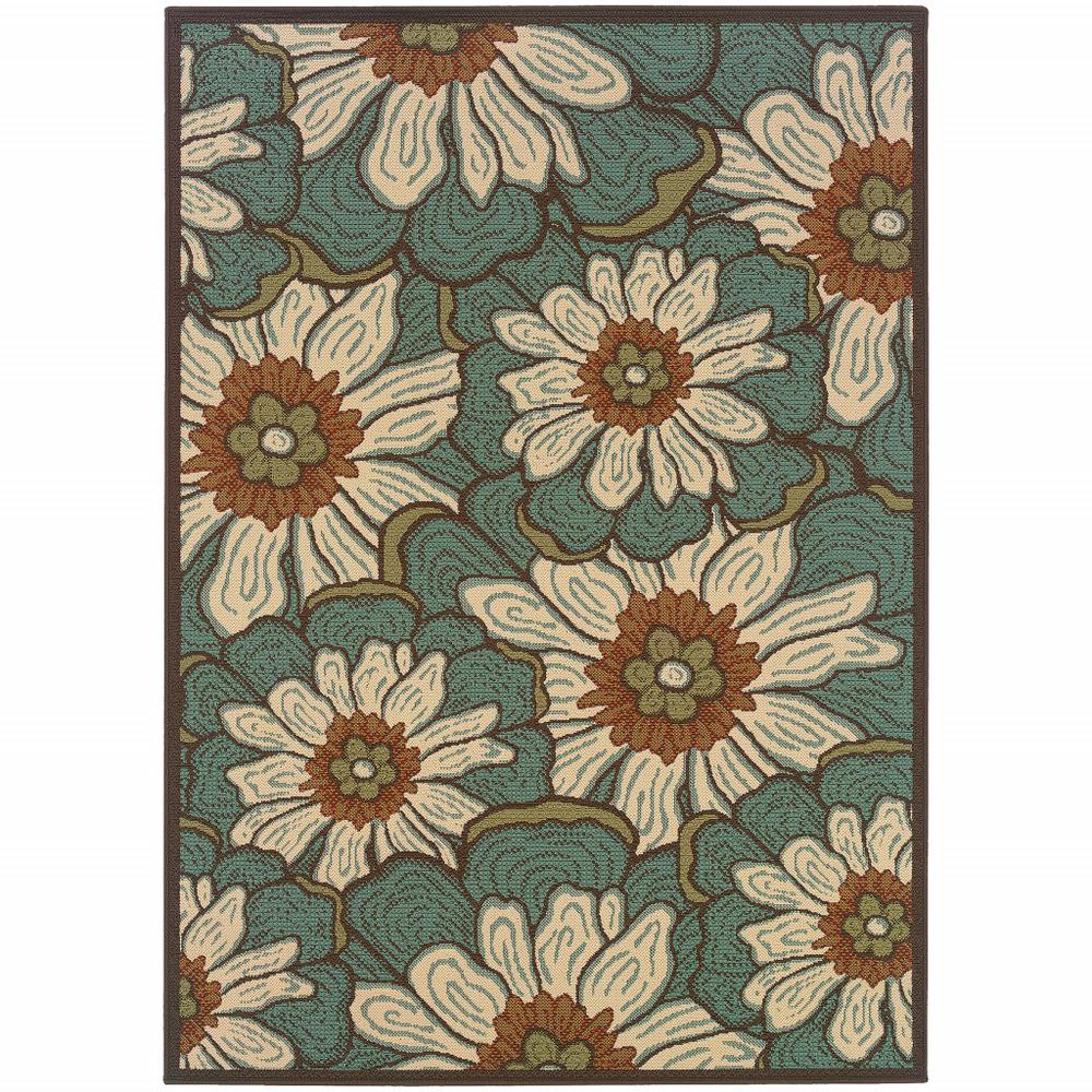 3’x5’ Blue and Brown Floral Indoor Outdoor Area Rug - 388681. Picture 1
