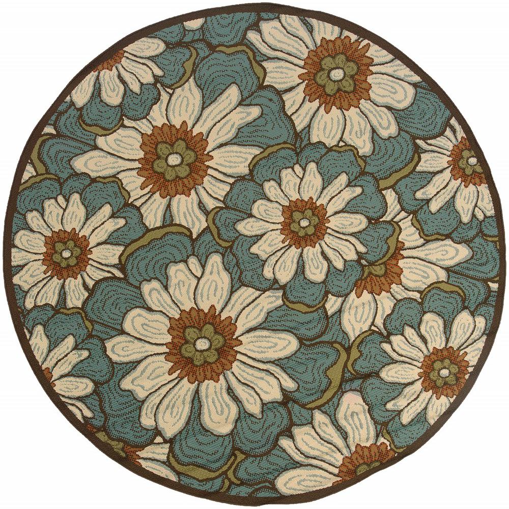 8’ Round Blue and Brown Floral Indoor Outdoor Area Rug - 388686. Picture 1