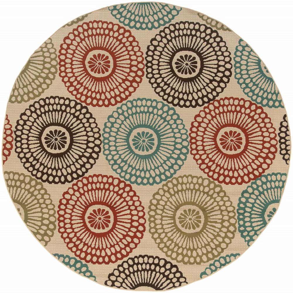 8’ Round Beige and Blue Medallion Indoor Outdoor Area Rug - 388694. Picture 1