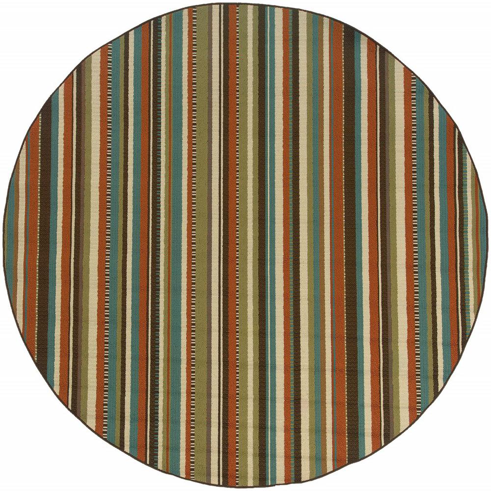 8’ Round Green and Brown Striped Indoor Outdoor Area Rug - 388702. Picture 1