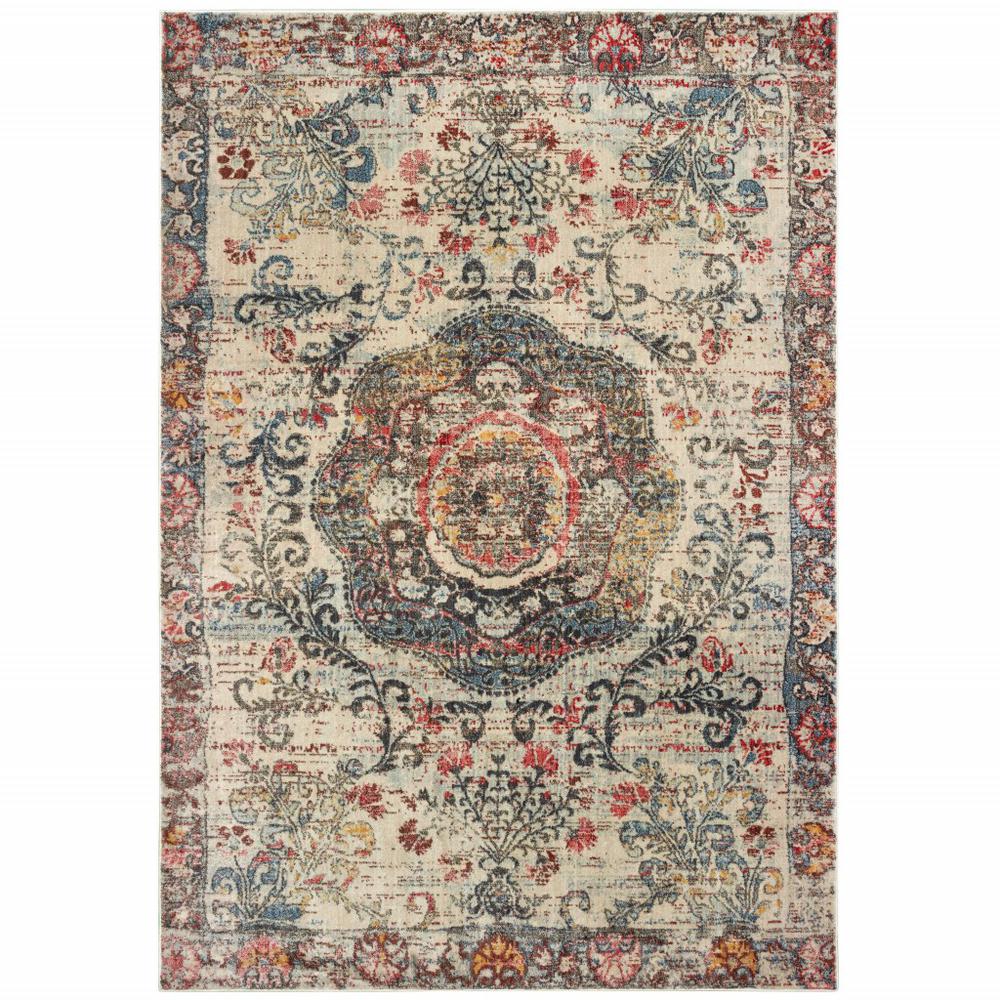 5’x8’ Ivory Distressed Medallion Area Rug - 388706. The main picture.