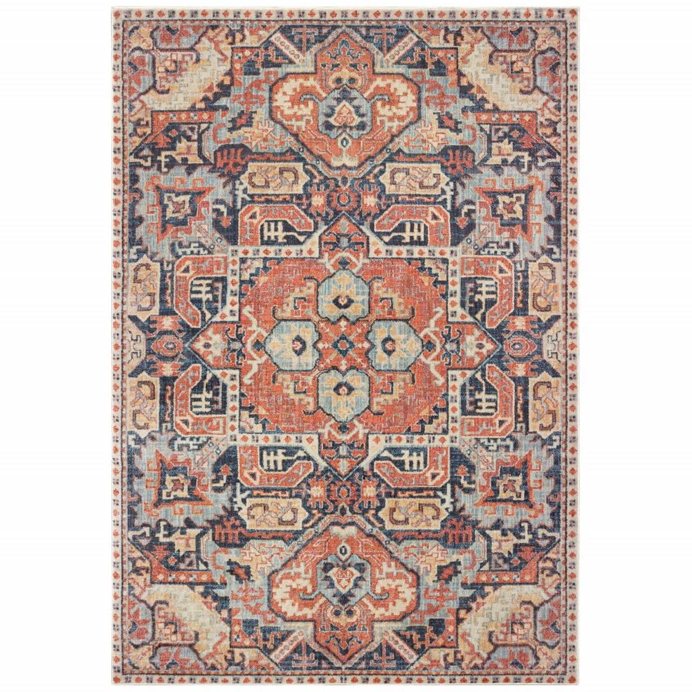 7’x10’ Blue and Orange Tribal Area Rug - 388713. Picture 1