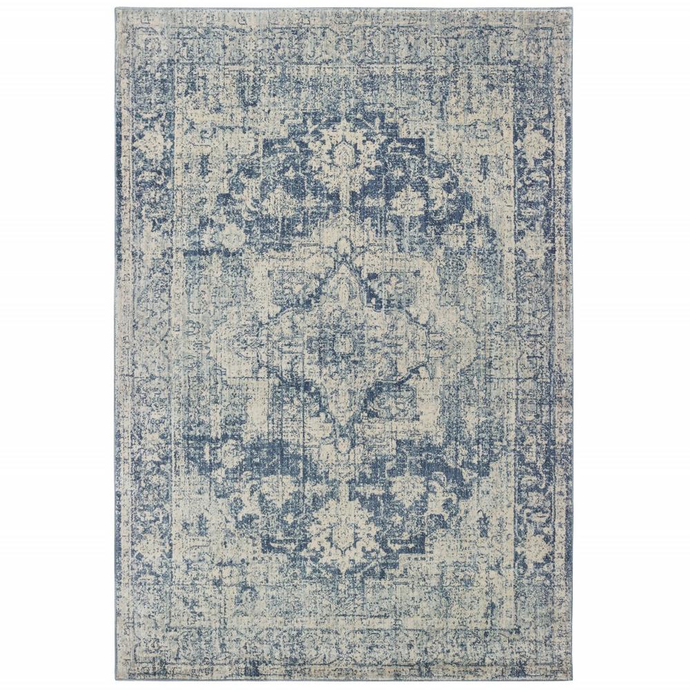 7’x10’ Ivory and Blue Oriental Area Rug - 388719. Picture 1