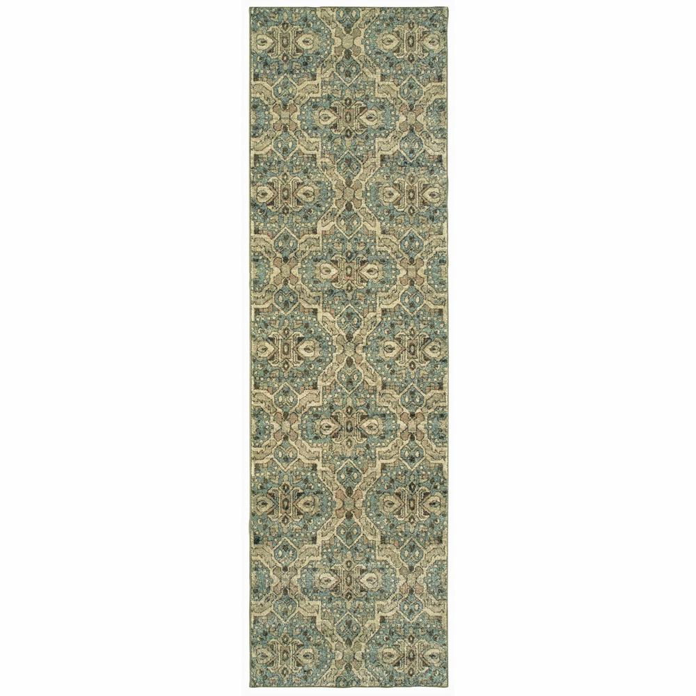 2’x8’ Ivory and Blue Geometric Runner Rug - 388728. Picture 1