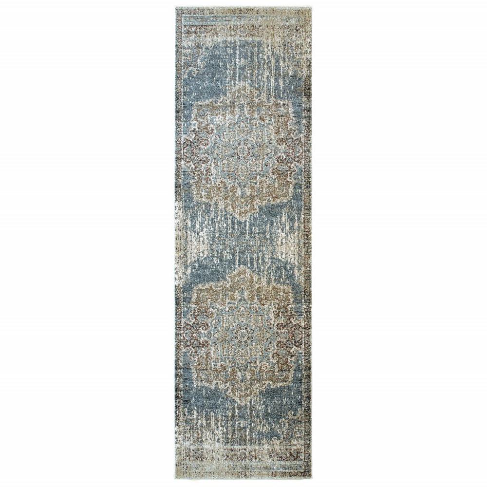 2’x8’ Blue and Ivory Medallion Runner Rug - 388734. Picture 1