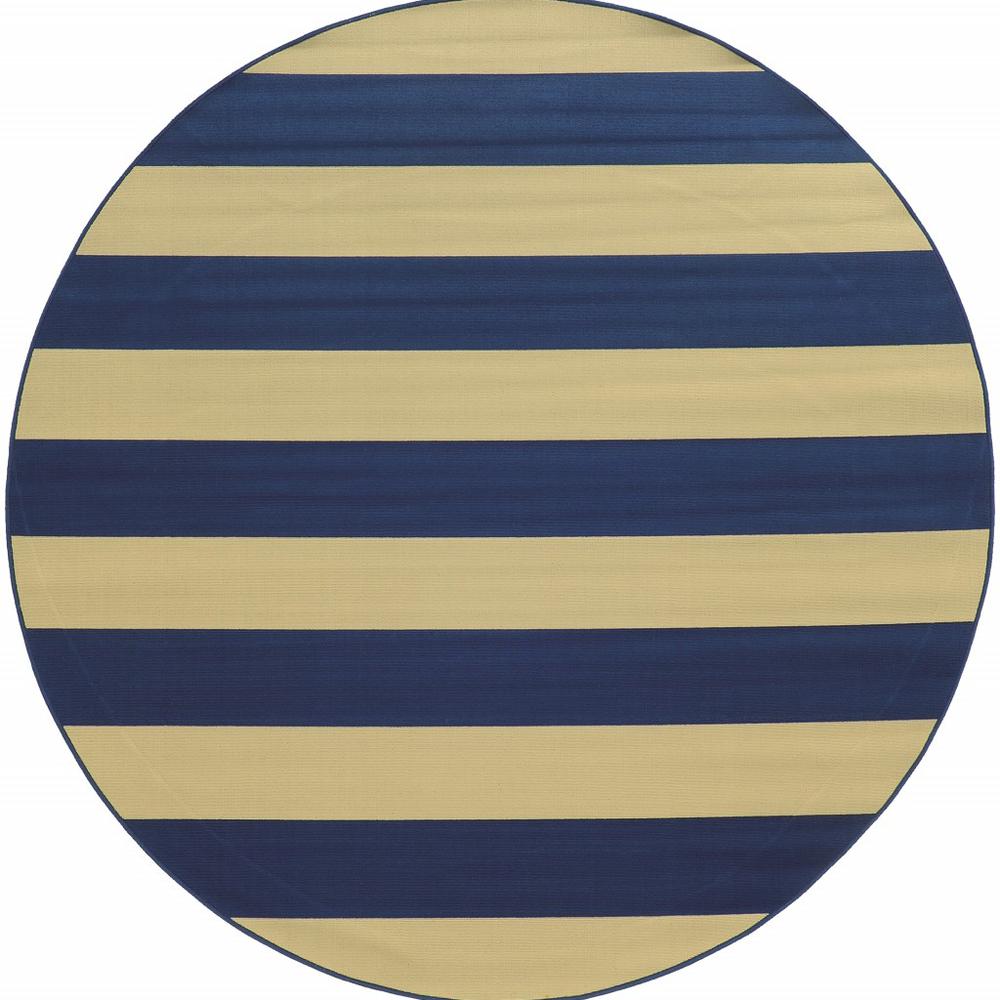 8’ Round Blue and Ivory Striped Indoor Outdoor Area Rug - 388778. Picture 1
