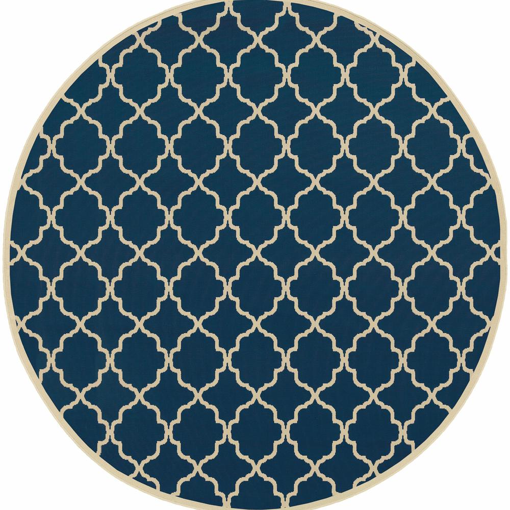 8’ Round Blue and Ivory Trellis Indoor Outdoor Area Rug - 388786. Picture 1