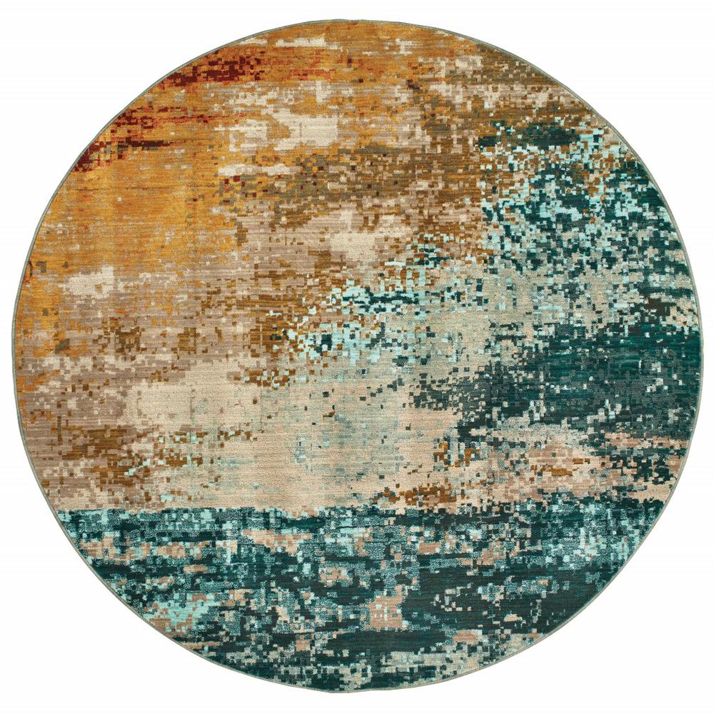 8’ Round Blue and Red Distressed Area Rug - 388812. Picture 1
