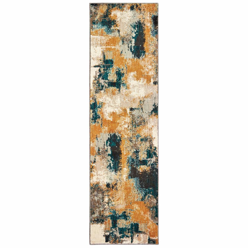 2’x8’ Blue and Gold Abstract Strokes Runner Rug - 388823. Picture 1