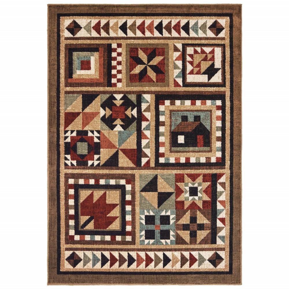 5’x7’ Brown and Red Ikat Patchwork Area Rug - 388870. Picture 1