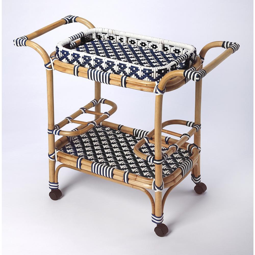 Blue and White Rattan Bar Cart Blue. Picture 1