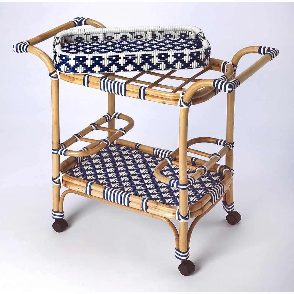 Blue and White Rattan Bar Cart Blue. Picture 2