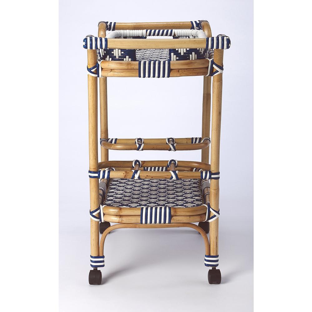 Blue and White Rattan Bar Cart Blue. Picture 4