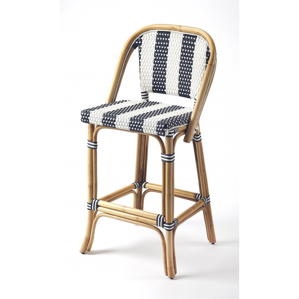 Blue and White Striped Rattan Bar Stool Blue. Picture 1