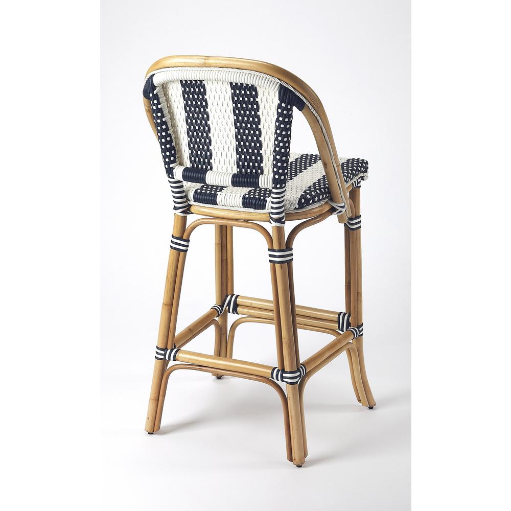 Blue and White Striped Rattan Bar Stool Blue. Picture 2