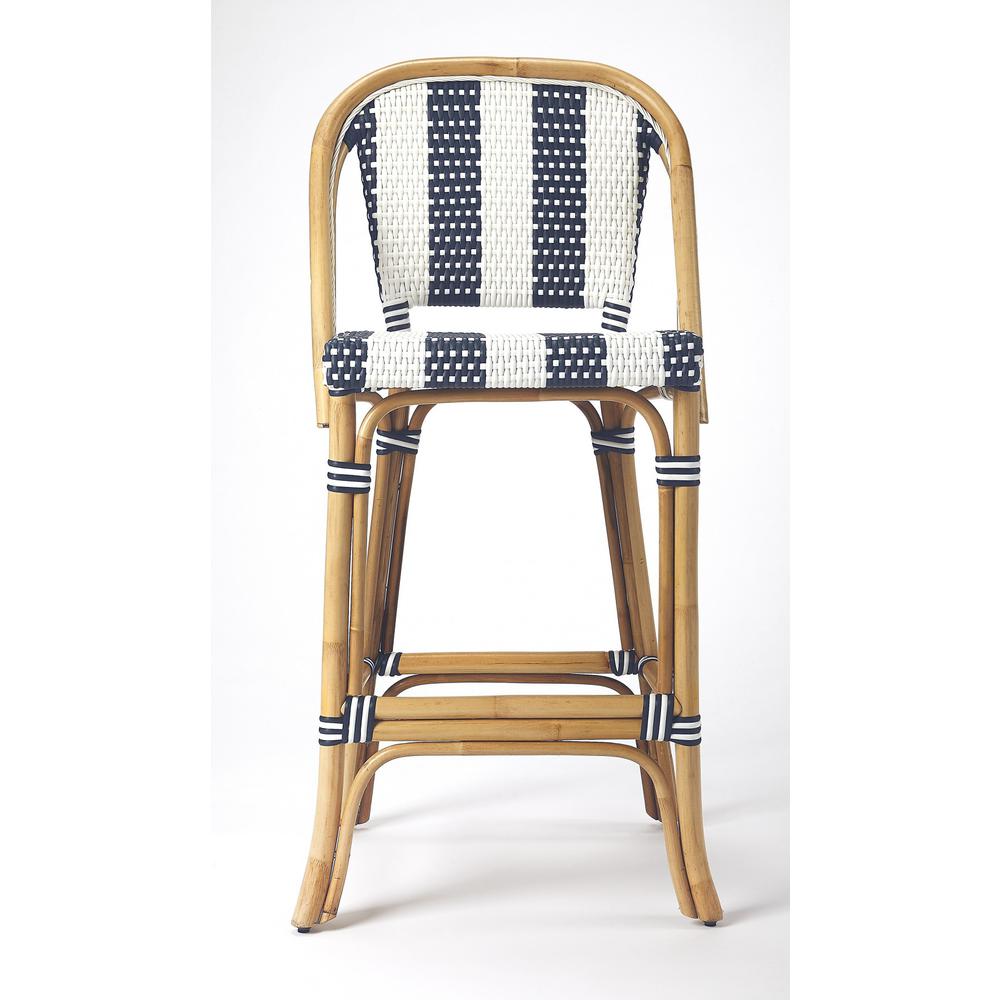 Blue and White Striped Rattan Bar Stool Blue. Picture 3