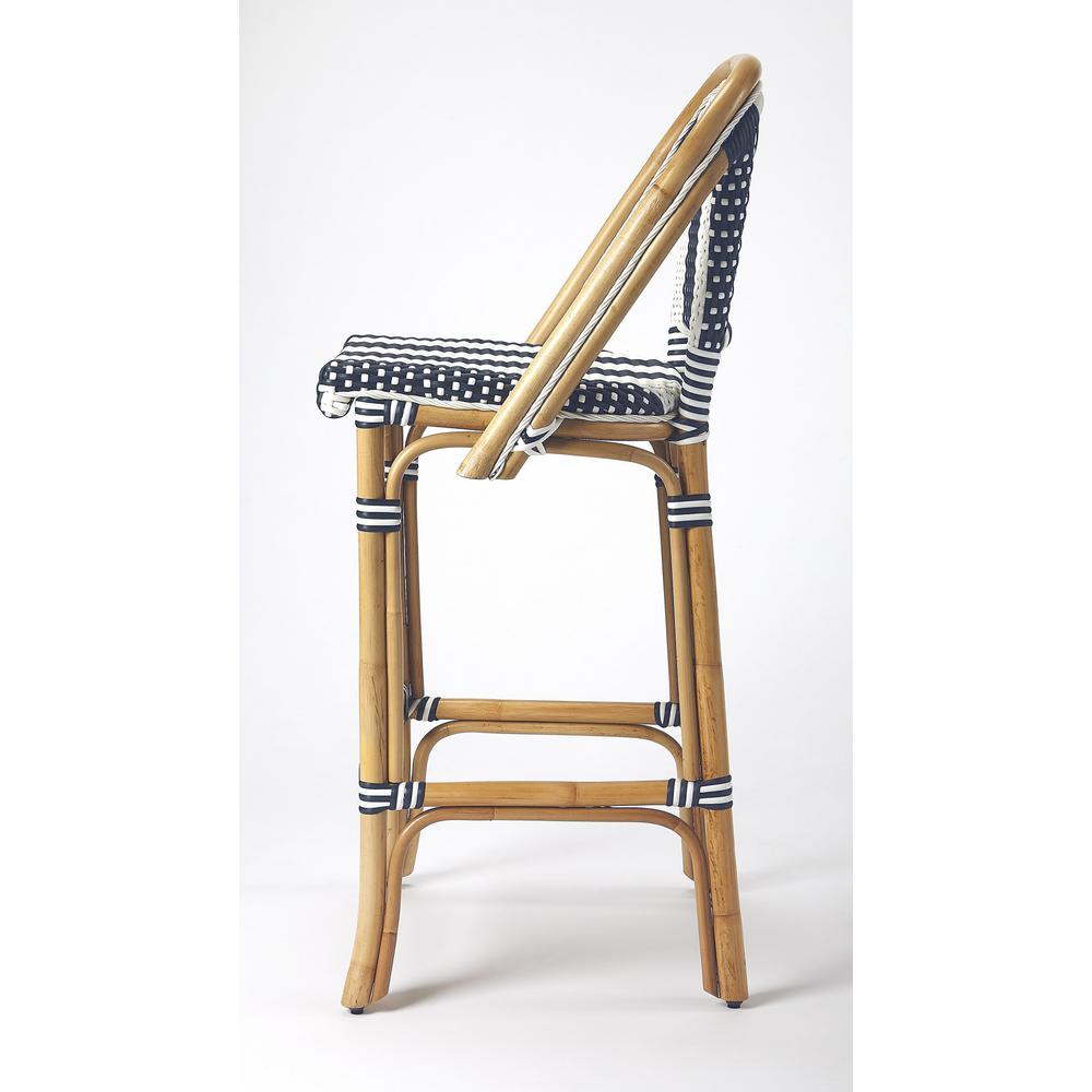 Blue and White Striped Rattan Bar Stool Blue. Picture 5