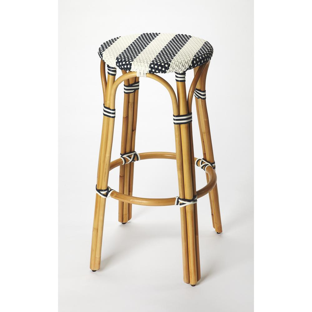Navy Blue and White Rattan Bar Stool Blue. Picture 1