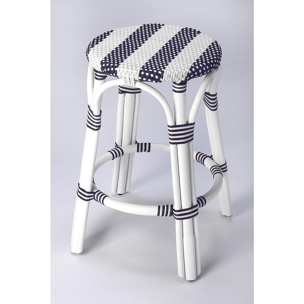 Classic White and Navy Blue Rattan Counter Stool White. Picture 1