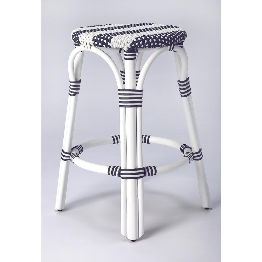 Classic White and Navy Blue Rattan Counter Stool White. Picture 2