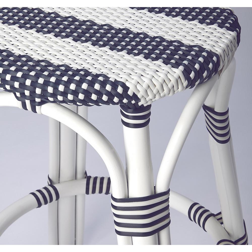 Classic White and Navy Blue Rattan Counter Stool White. Picture 5