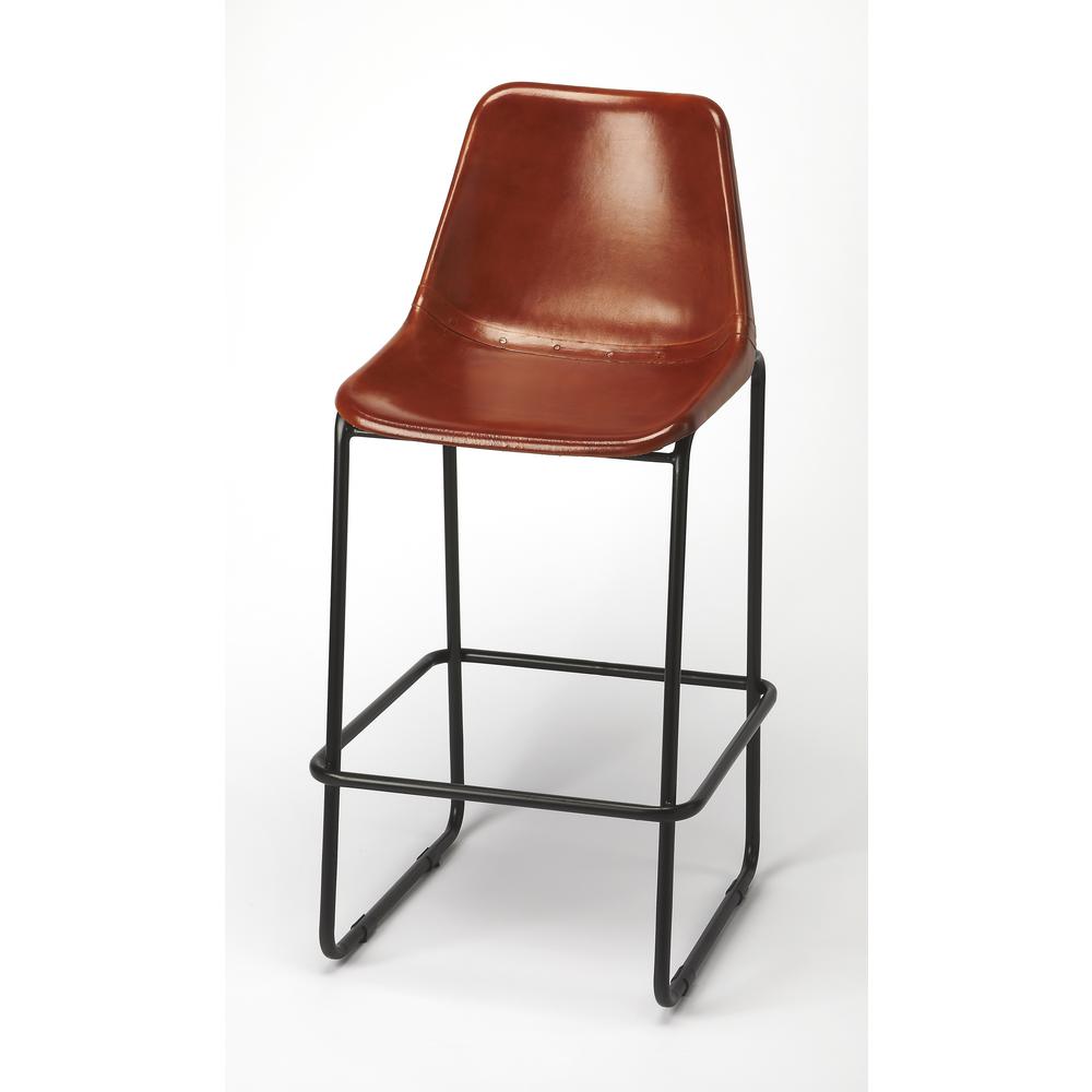 Brown Leather and Iron Bar Stool Medium Brown. Picture 1