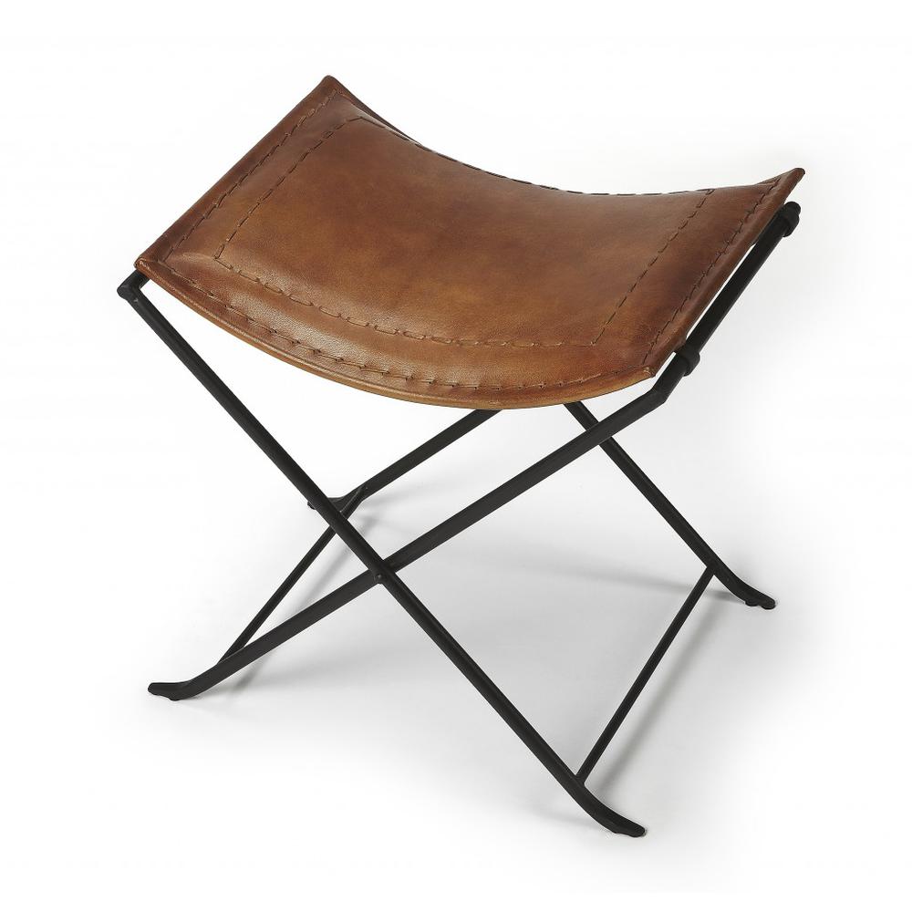 Foldable Brown Leather Stool Medium Brown. Picture 1