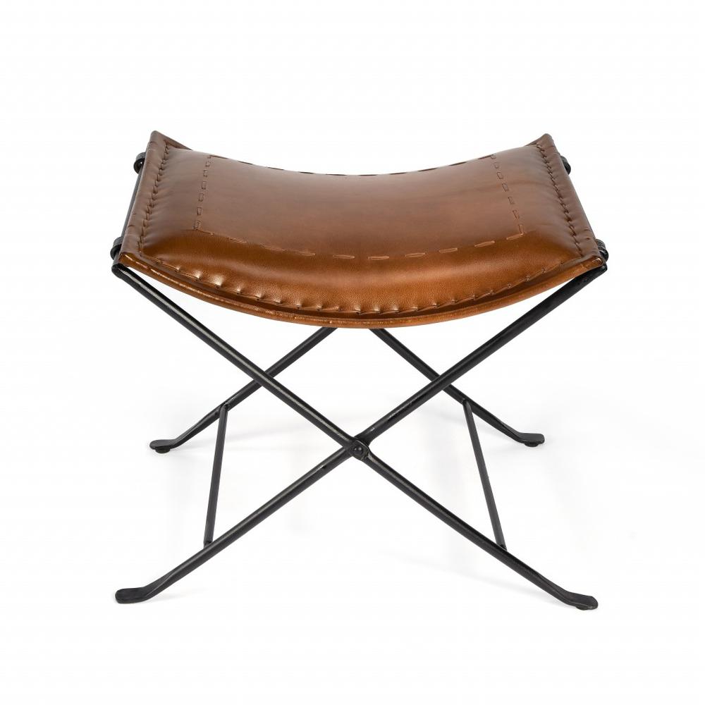 Foldable Brown Leather Stool Medium Brown. Picture 3