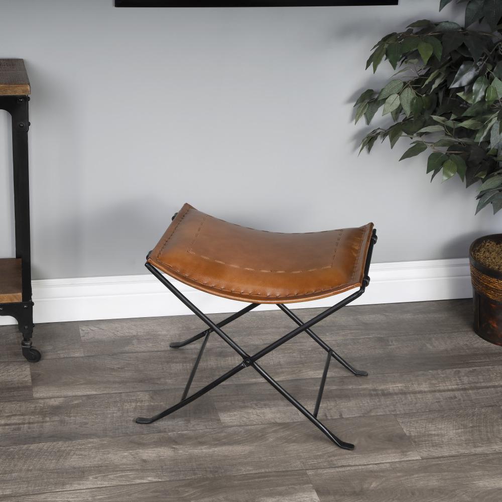 Foldable Brown Leather Stool Medium Brown. Picture 8
