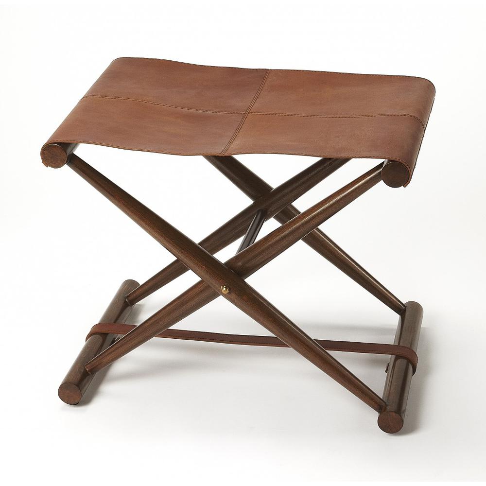 Brown Wood and Leather Portable Stool Medium Brown. Picture 1
