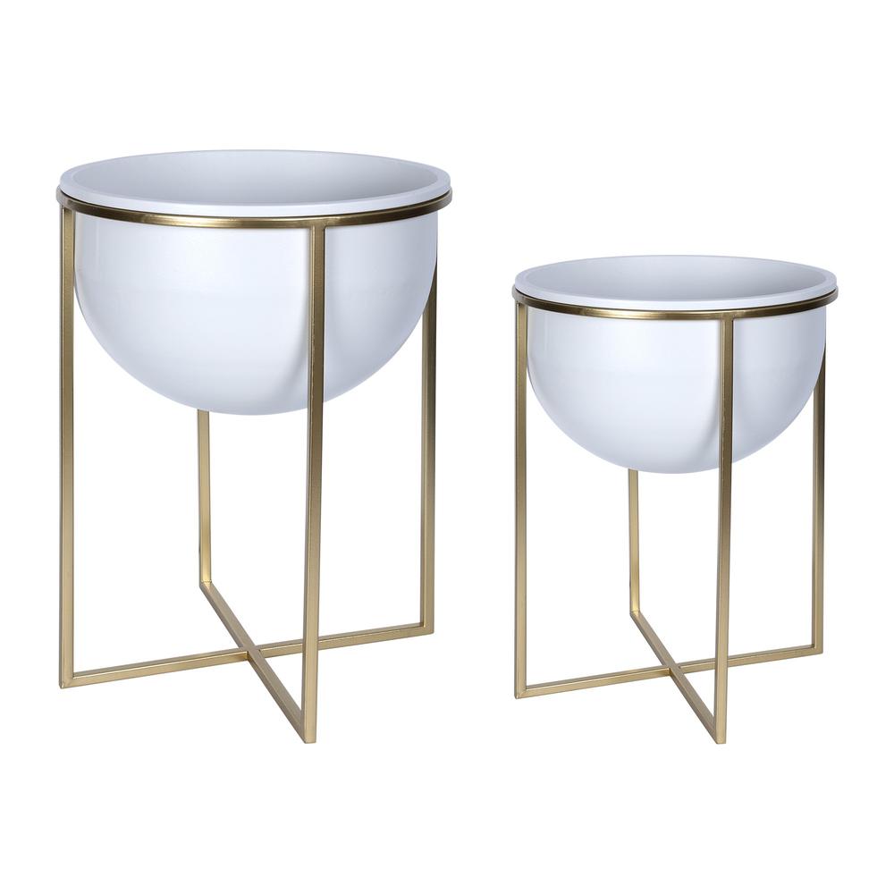 Set of Two White and Gold Metal Planters White. Picture 1