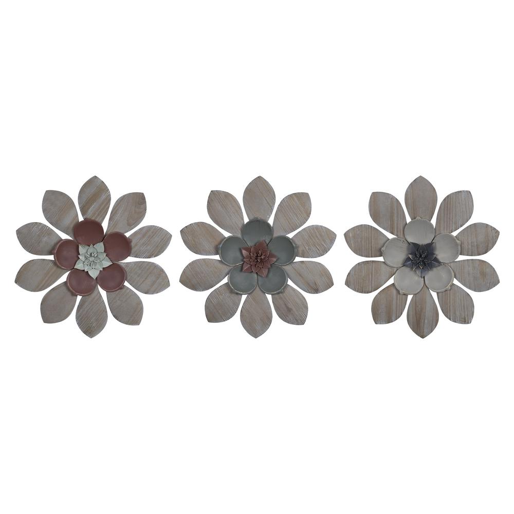 Set of Three Wood and Metal Flower Wall Décor Multi. Picture 1