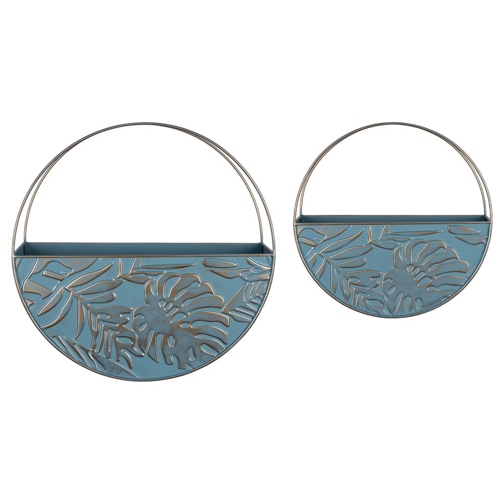 Set of Two Blue and Gold Leaf Pattern Wall Planters Multi. Picture 1