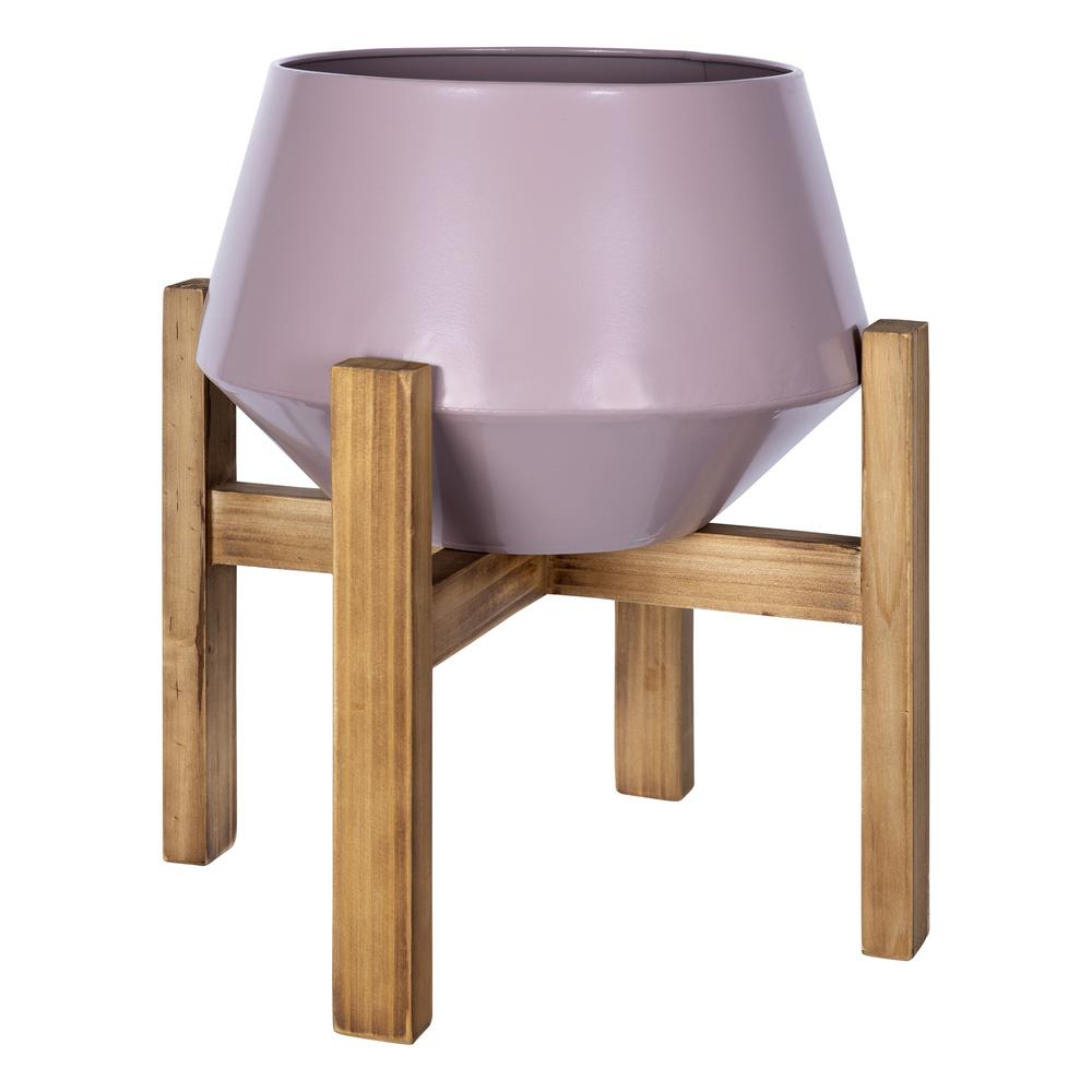 Pink Hexagonal Planter with Wooden Base Light Purple. Picture 1