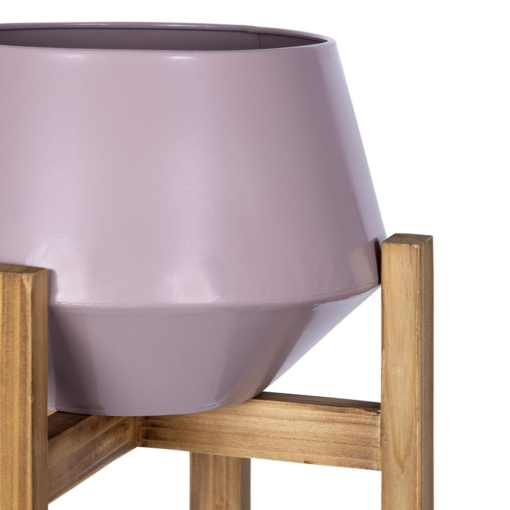 Pink Hexagonal Planter with Wooden Base Light Purple. Picture 3