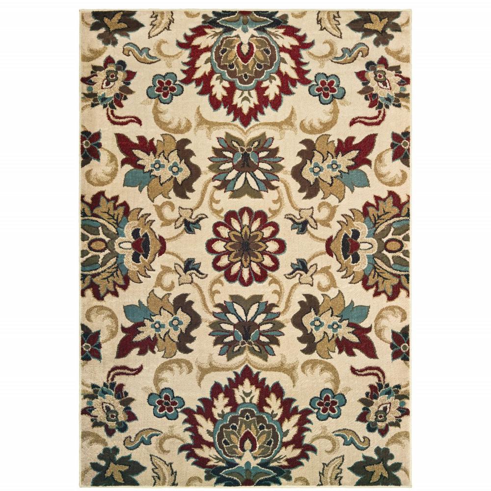 7’x9’ Ivory and Red Floral Vines Area Rug - 389507. Picture 1