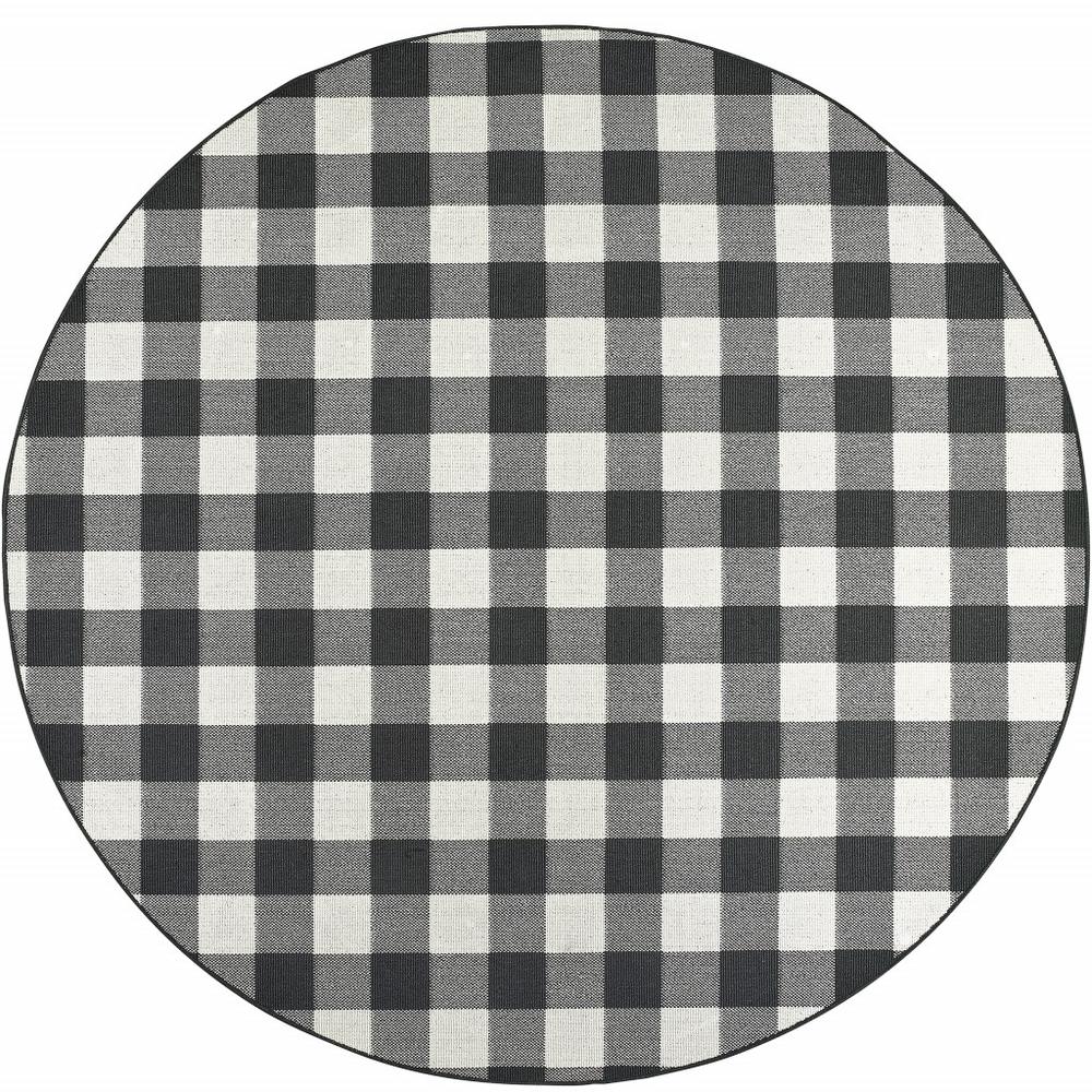 8’ Round Black and Ivory Gingham Indoor Outdoor Area Rug - 389522. Picture 1
