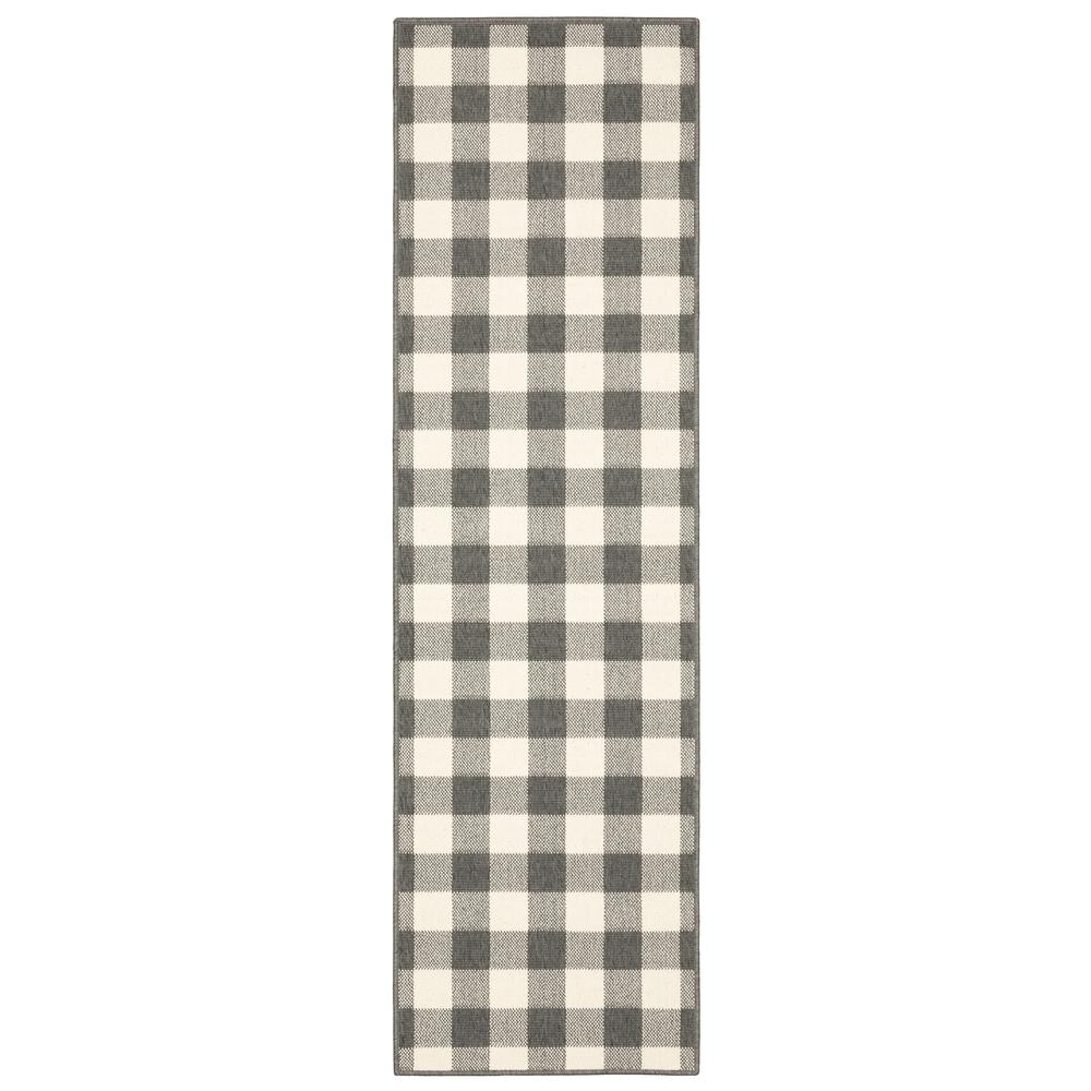 2’x8’ Gray and Ivory Gingham Indoor Outdoor Runner Rug - 389524. Picture 1