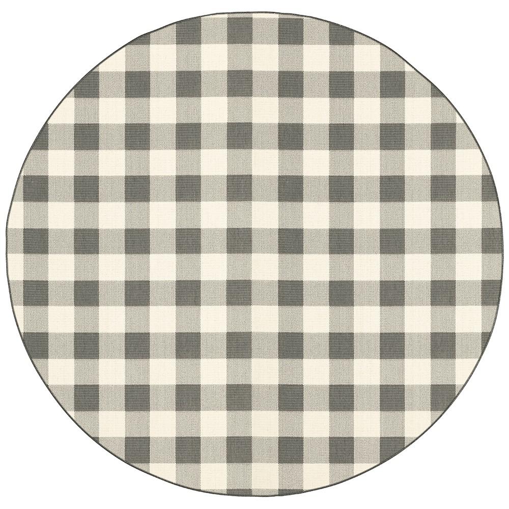 8’ Round Gray and Ivory Gingham Indoor Outdoor Area Rug - 389529. Picture 1