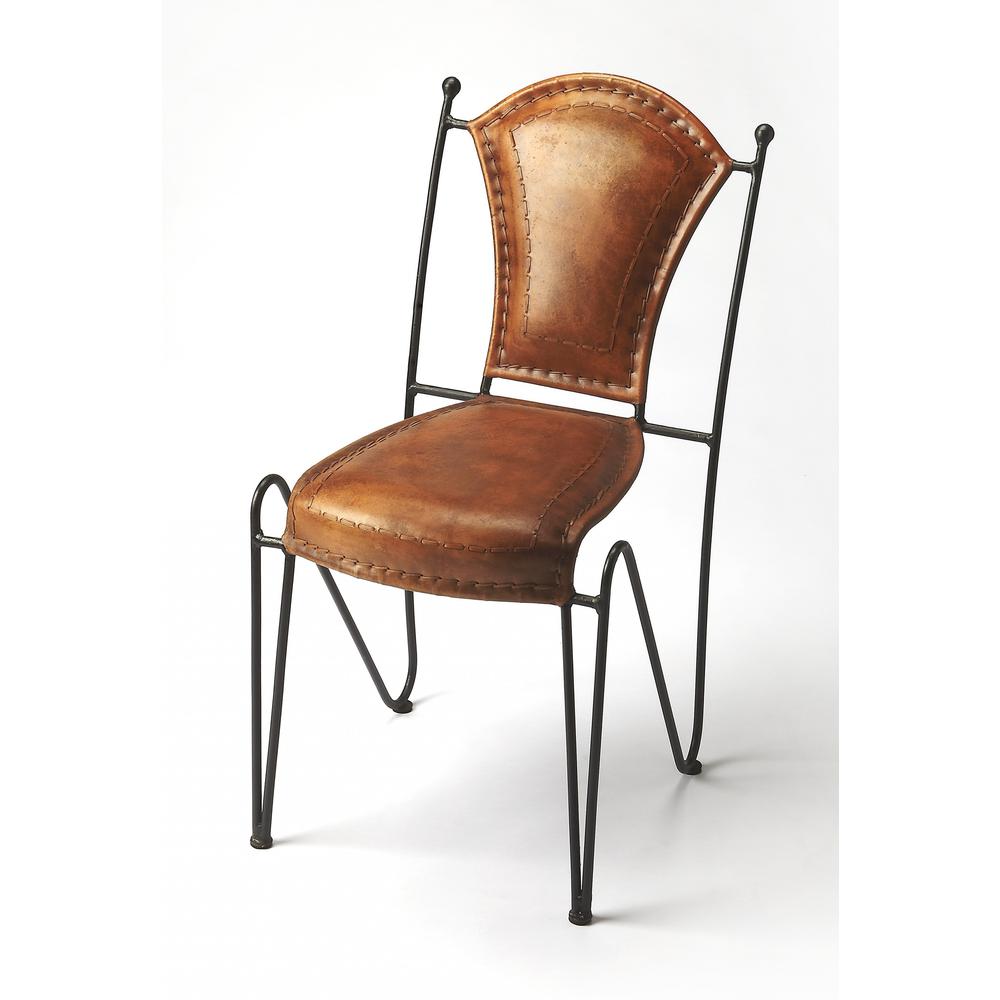 Modern Rustic Iron and Leather Side Chair Medium Brown. Picture 1