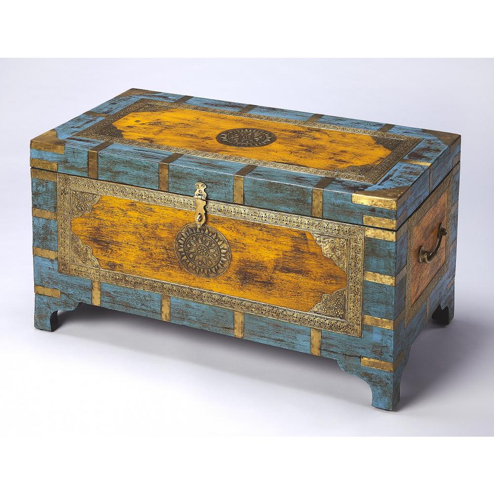 Hand Painted Brass Inlay Storage Trunk. Picture 1