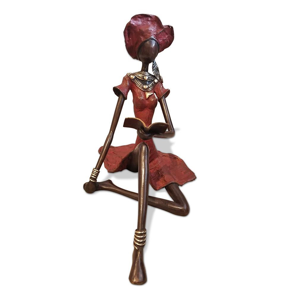 Vintage Bronze Seated West African Woman Reading Sculpture Red. Picture 4