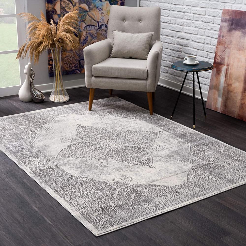 2’ x 6’ Gray Distressed Medallion Area Rug Grey. Picture 1