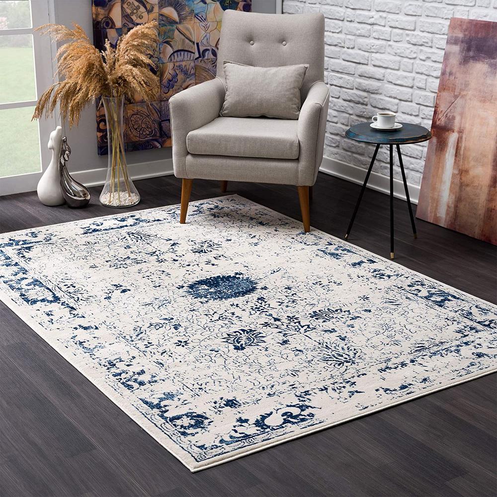 2’ x 3’ Navy Blue Distressed Floral Scatter Rug Navy. Picture 1
