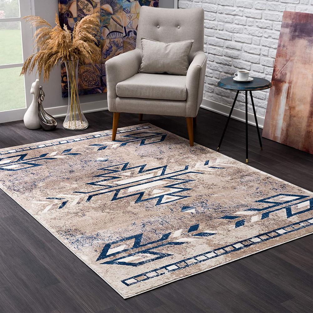4’ x 6’ Beige and Blue Boho Chic Area Rug Beige. Picture 1