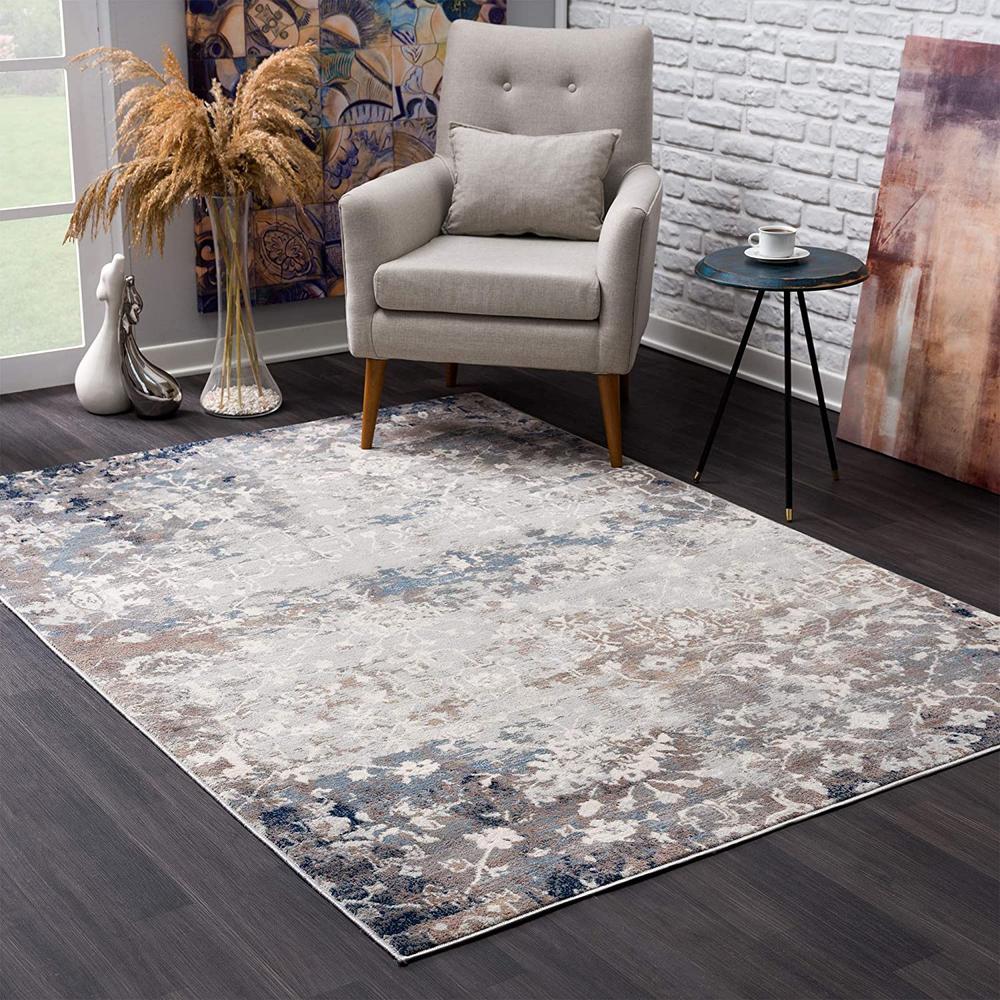 5’ x 8’ Navy and Beige Distressed Vines Area Rug Navy. Picture 1